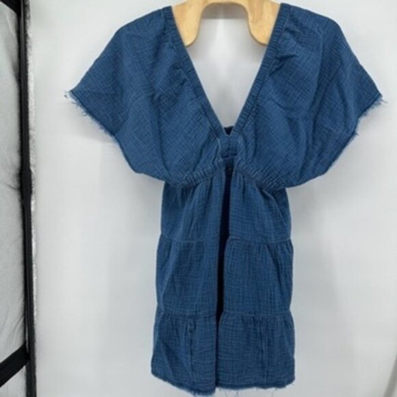 Aerie Womens XL Blue Mini Dress Gauze V Neck Short Sleeve Tiered Frayed Hem - Picture 1 of 6